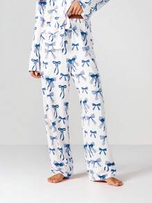 MISSGUIDED 长袖蝴蝶结印花睡衣套装，家居服，纽扣领，宽松版型 - 藍色 - 查看 3