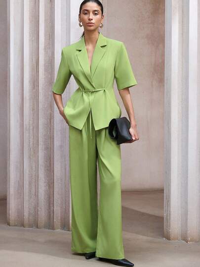 Aveloria Modichic Fashionable & Elegant Business Casual Suit Set: Collared Short Sleeve Blazer With Slim Waist Belt Design, Paired With Loose Wide-Leg Pants