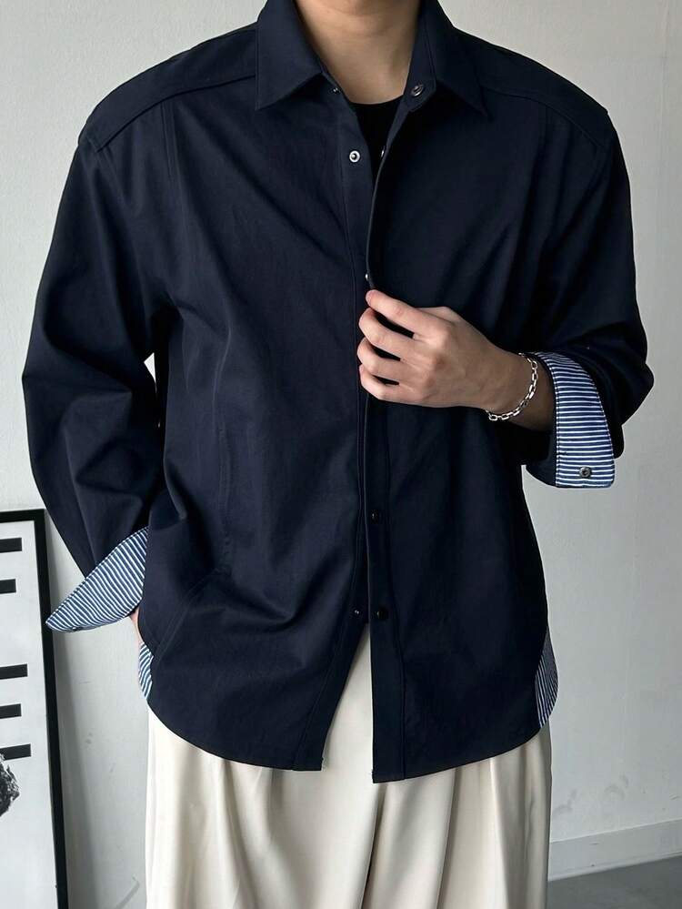 Spring Men's 2 In 1 Design Navy Blue Hem Plaid Fabric Shacket