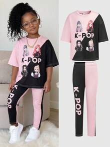 SHEIN 两件套少女韩流女团卡通印花针织宽松T恤+打底裤，休闲时尚百搭，适合派对、郊游、与朋友拍照、公园、露营、度假、日常休闲穿着 - 黑色 - 查看 1