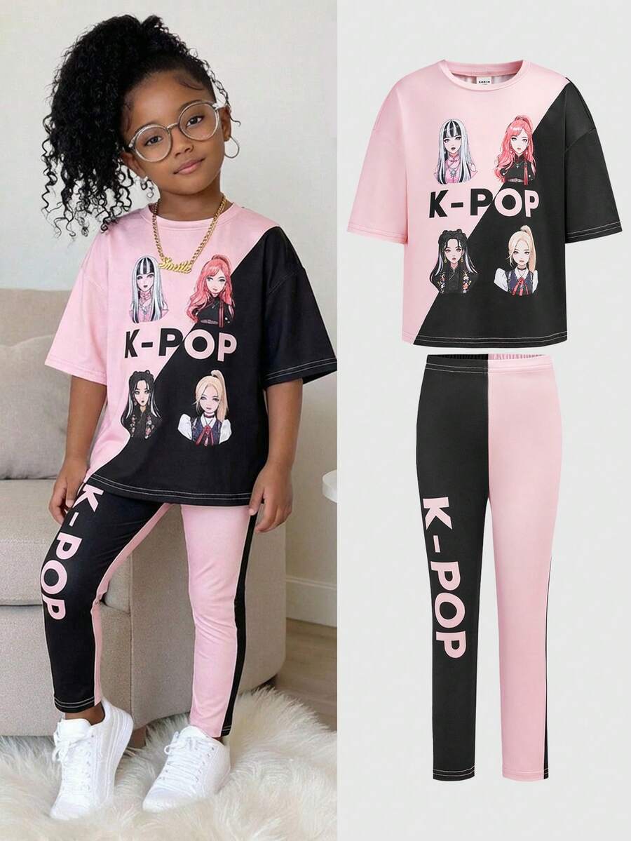 SHEIN 两件套少女韩流女团卡通印花针织宽松T恤+打底裤,休闲时尚百搭,适合派对、郊游、与朋友拍照、公园、露营、度假、日常休闲穿着 - 黑色 - 查看 1