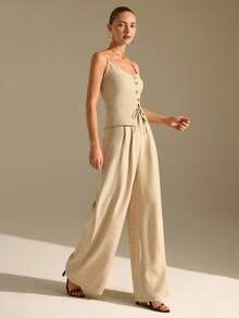 Beige Button Front Crop Top And Wide Leg Pants Set: Regular Fit And Laidback Minimalist Vibe, Great For Summer Brunches Or Coastal Trips, Made In Lightweight Non-Elastic Linen Blend Featuring Adjustable Straps And Relaxed Trouser Cut Linen Two Piece Set Beige Two Piece Set Linen Outfit Pant Suit Summer Sets Women Linen Pants Set Womens Jumpsuits Summer Vacation Jumpsuit Woman Linen Jumpsuit Women Cotton Jumpsuits For Woman Linen Set Women Womens Two Piece Outfits Linen Outfits For Women Womens Linen Pants Set Womens Linen Set Two Piece Set Women Linen Clothing Women - Beige - View 1