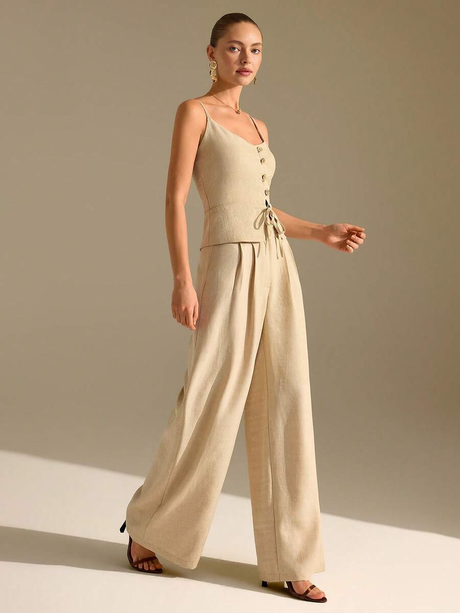 Beige Button Front Crop Top And Wide Leg Pants Set: Regular Fit And Laidback Minimalist Vibe, Great For Summer Brunches Or Coastal Trips, Made In Lightweight Non-Elastic Linen Blend Featuring Adjustable Straps And Relaxed Trouser Cut Linen Two Piece Set Beige Two Piece Set Linen Outfit Pant Suit Summer Sets Women Linen Pants Set Womens Jumpsuits Summer Vacation Jumpsuit Woman Linen Jumpsuit Women Cotton Jumpsuits For Woman Linen Set Women Womens Two Piece Outfits Linen Outfits For Women Womens Linen Pants Set Womens Linen Set Two Piece Set Women Linen Clothing Women - Beige - View 1