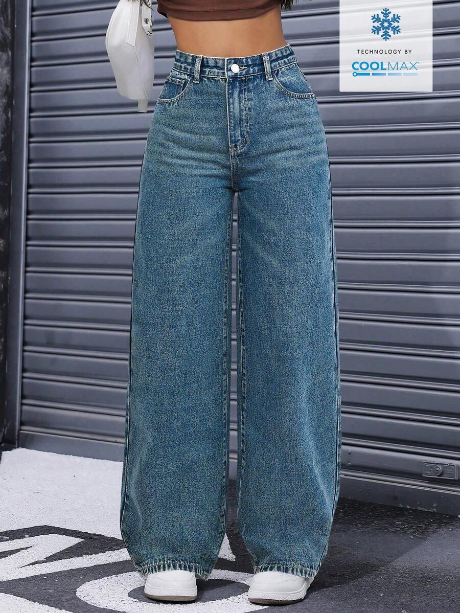 SHEIN EZwear 休闲水洗高腰直筒牛仔裤 - 藍色 - 查看 1