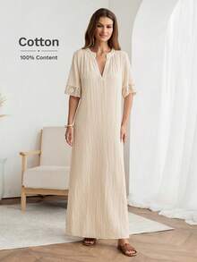 V-Neck Lace Splice High Slit Casual Loose Elegant Commute Vintage Style Dress For Women, Spring/Summer Vacation Boho Sexy Women Clothes Cotton Women's Clothes New In Dresses Cotton Women Dress Long Casual Dresses For Woman Cotton Dresses For Women Spring Dresses For Women Cotton Zanea Dress For Woman Picnic Dresses For Women Resort Dresses For Women - Apricot - View 6