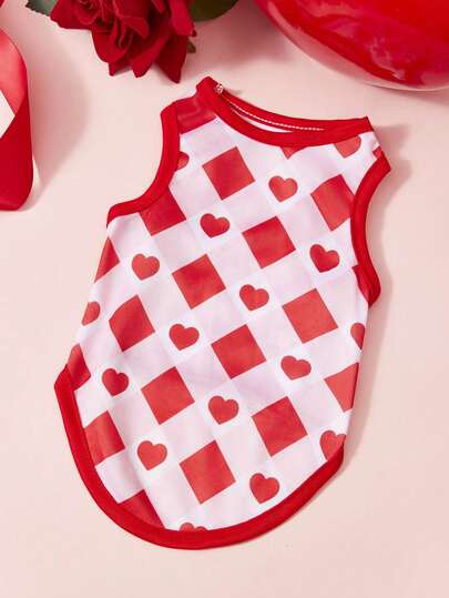 PETSIN 1 pieza Chaleco de mascota con estampado de corazones a cuadros rojos y blancos para el Día de San Valentín, estilo deportivo rojo, amigable con la piel, ropa de verano transpirable para mascotas