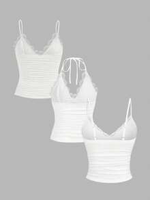 INAWLY 2pcs Women Solid Color Lace Ruffle Camisole And 1pc Spaghetti Strap Camisole - White - View 2