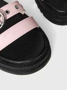 ROMWE Sandal nữ mùa hè hở mũi phong cách rock punk goth tối màu, sandal đế xuồng quai sao, giày mùa xuân, lễ Phục sinh, Halloween và Giáng sinh. - Màu hồng sáng da - Xem 5