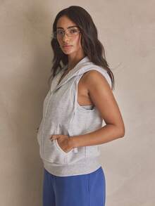 MUSERA Zip Through Sleeveless Sweatshirt Hooded Top Summer, Sporty, Casual, Day, Streetstyle, Streetwear - Light Grey - View 3
