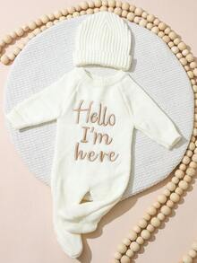 SHEIN 2 件套“你好，我在这里”刺绣新生儿男孩女孩摄影服装针织婴儿连体衣连脚连体衣带帽子婴儿 1 个月 100 天拍照道具 - 彩色 - 查看 6