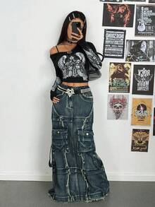 Jeanoix 大码女式街头风休闲牛仔裙 - 藍色 - 查看 6