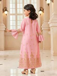 Young Girls' Elegant Abaya With Middle Eastern Totem Foil Print, Gold Collar Flower, Bell Sleeves, And Gold Lace Trim Robe - Pink - View 2