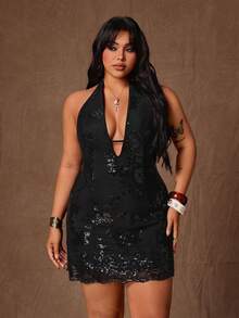 Rustia Plus Size Black Sequin Spaghetti Strap Crop Top Bodycon Party Mini Dress, Sleeveless Summer - Black - View 4