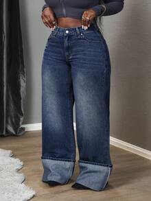 SHEIN PETITE 女式高腰口袋阔腿宽松休闲百搭牛仔裤 - 深色水洗藍 - 查看 6