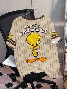 LOONEY TUNES X SHEIN Plus Size Striped Letter & Cartoon Graphic Round Neck Short Sleeve T-Shirt - White - View 2