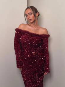 Jeta Ari New Arrival Spring/Summer Off Shoulder Long Dress, Suitable For Date Night Prom Dress Party Women Homecoming Dresses Luxury Red Women Dresses,New Year,Christmas Sequin - Burgundy - View 4