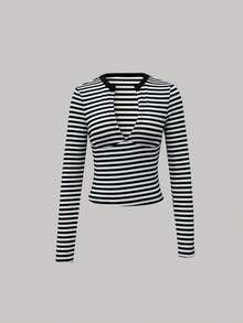 Rina Fox Women's Black And White Striped V-Neck Long Sleeve T-Shirt - Black and White - View 3