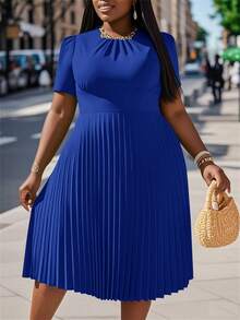 Slaydiva 大码女式纯色短款泡泡袖褶裥下摆连衣裙，夏季连衣裙 - 寶藍色 - 查看 2
