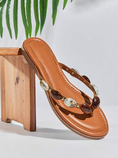 SHUZIA Women's Minimalist Comfortable, Durable, Stone Chain Thong Strap Slip-On Flat Sandals