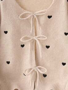 SHEIN Frenchy Plus Size Casual Heart Embroidery Front Tie Cardigan, Autumn/Winter - Apricot - View 3