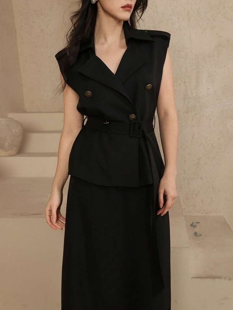 Women's Collared Sleeveless Vest With Belt Decor And Straight Skirt Casual 2 Pieces Set