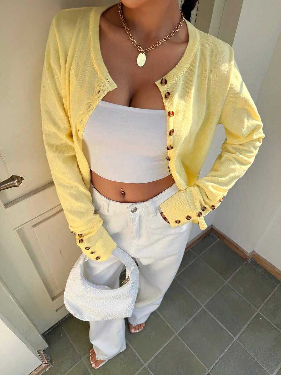 Muchica Holiday Outfits Women's Casual Commute Yellow Knitted Cardigan - Light Yellow - View 1