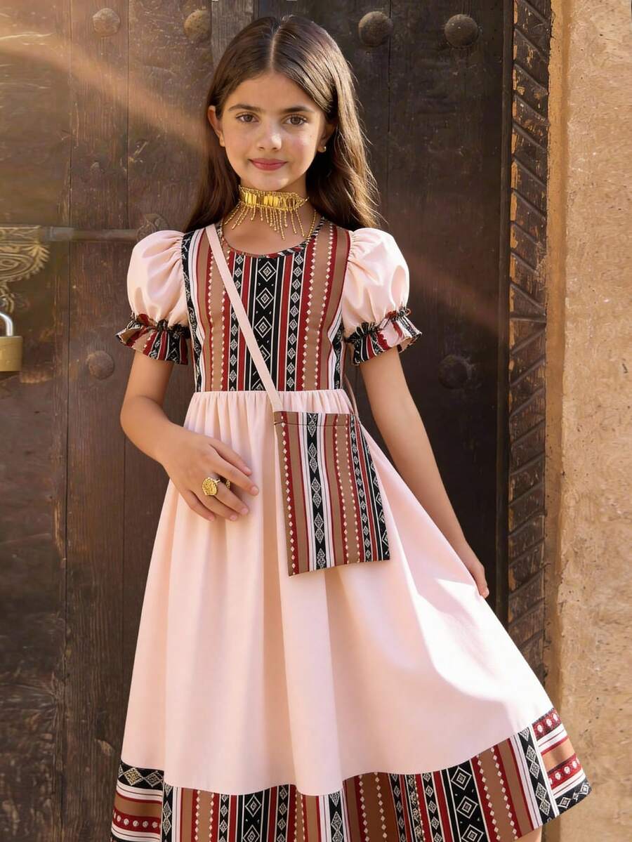 Tween Girls' Elegant Geometric Print Puff Sleeve Patchwork Dress, Summer