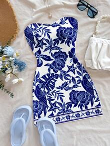 Soleia Women's Chinoiserie Floral & Tropical Parrot Colorblock Bohemian Print Mini Dress, Suitable For Outings, Beach, Travel, Matching Sets, Chic Spring - Multicolor - View 5