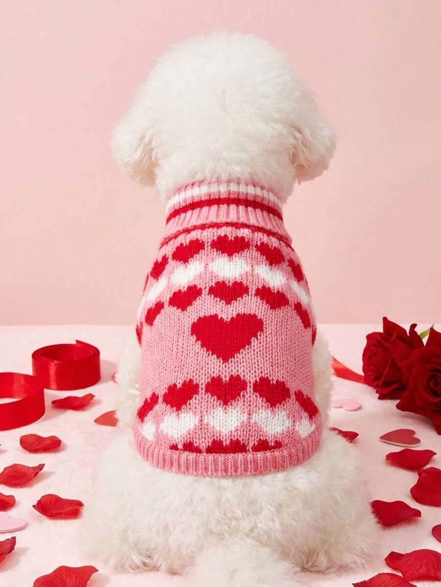 PETSIN 1件红白爱心印花宠物毛衣，适合中小型犬，情人节粉色保暖针织毛衣，宠物服装 - 粉色 - 查看 1