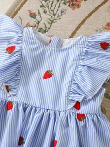 Cozy Pixies Baby Girl Strawberry Print Round Neck Short Sleeve Waist Dress,Cute Light Blue And White Summer Toddler Girls Fruit Picnic Vacation Spring Dresses - Blue - View 3