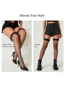 2 Pairs Women's Black Thigh High Fishnet Socks With Frill Trim, Lingerie For Women,Sexy,Valentine's Day,Sexy Lingerie, Stockings Lingerie Net Stockings Fishnet Stockings Thigh High Fishnets Thigh High Stockings - Black - View 3