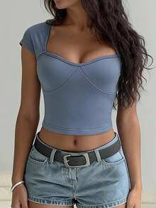 Zyxie Square Neck Cap Sleeve Hollow Out Backless Tie Strap Letter Print Blue T-Shirt - Blue - View 3