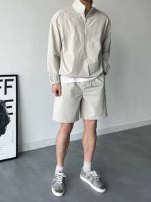 DAZY 男士纯色 Polo 领拉链长袖卫衣搭配抽绳腰带口袋短裤休闲套装，春夏款 - 杏色 - 查看 6