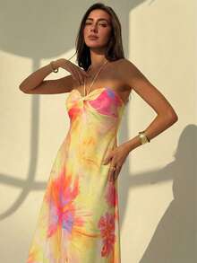 Aloruh 女士夏季度假连衣裙，浪漫热带花卉印花黄色长款连衣裙，优雅A字无肩带修身长裙，适合海滩度假、波西米亚风、生日派对、音乐节、下午茶约会等场合。 - 黃色 - 查看 5