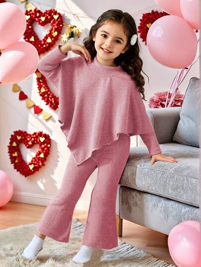 SHEIN Conjunto de camiseta casual para niñas, diseño irregular de cuello alto de tela de felpa de punto de unicolor, camiseta de manga larga combinada con pantalones casuales acampanados beige, conjunto de 2 piezas, adecuado para primavera, otoño, invierno, vuelta al colegio, estilo elegante de señora para uso diario, escuela, viajes, fiestas