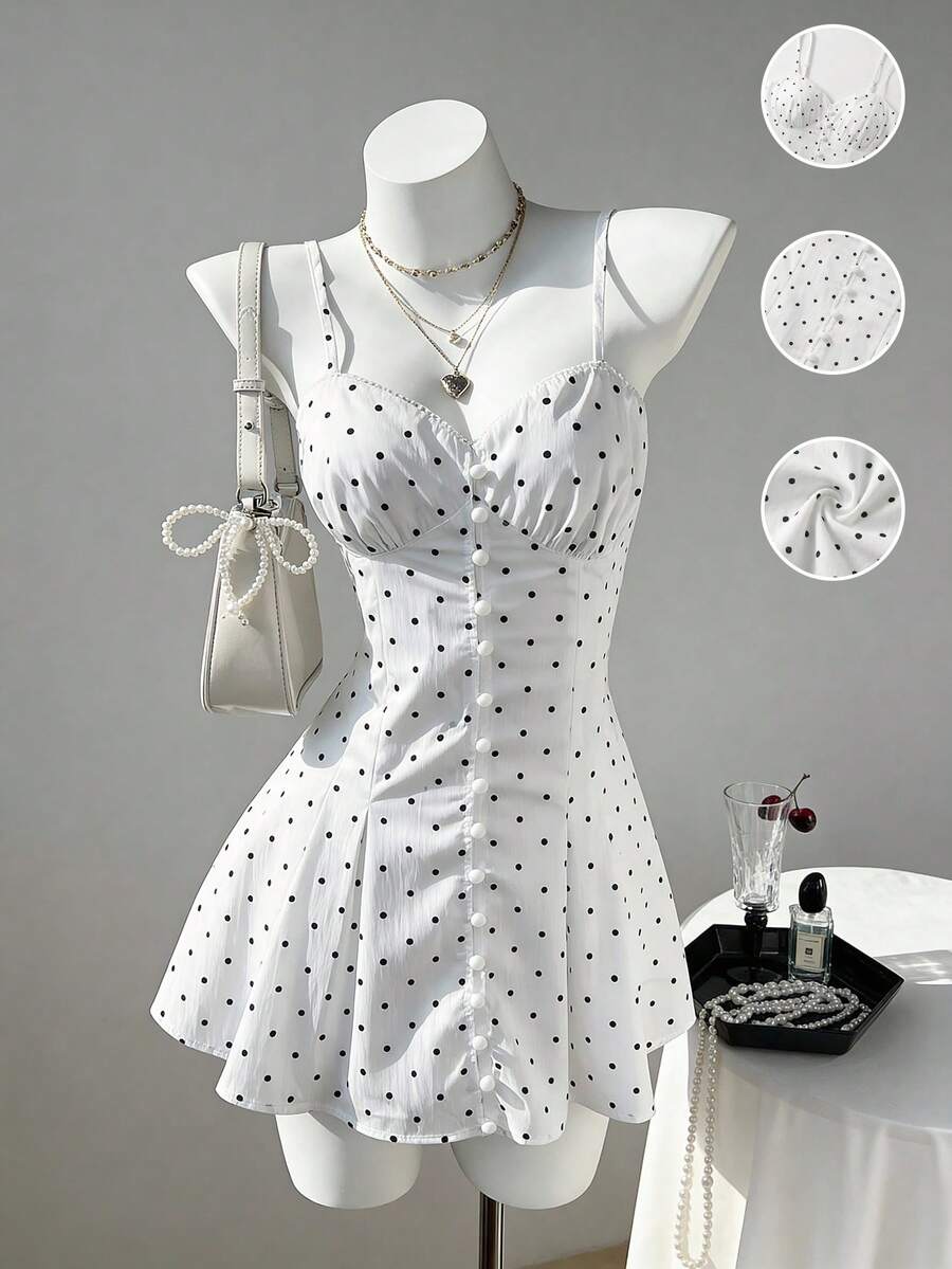 Elamini Polka Dot Camisole Waist Fitted Sexy Mini A-Line Dress - White - View 1