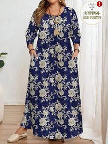 EMERY ROSE Vestido de manga larga con cuello redondo, de talla grande, con estampado de bordado floral romántico blanco y azul elegante, adecuado para fiestas - Multicolor - Ver 1