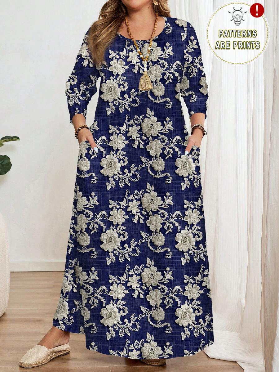 EMERY ROSE Vestido de manga larga con cuello redondo, de talla grande, con estampado de bordado floral romántico blanco y azul elegante, adecuado para fiestas - Multicolor - Ver 1