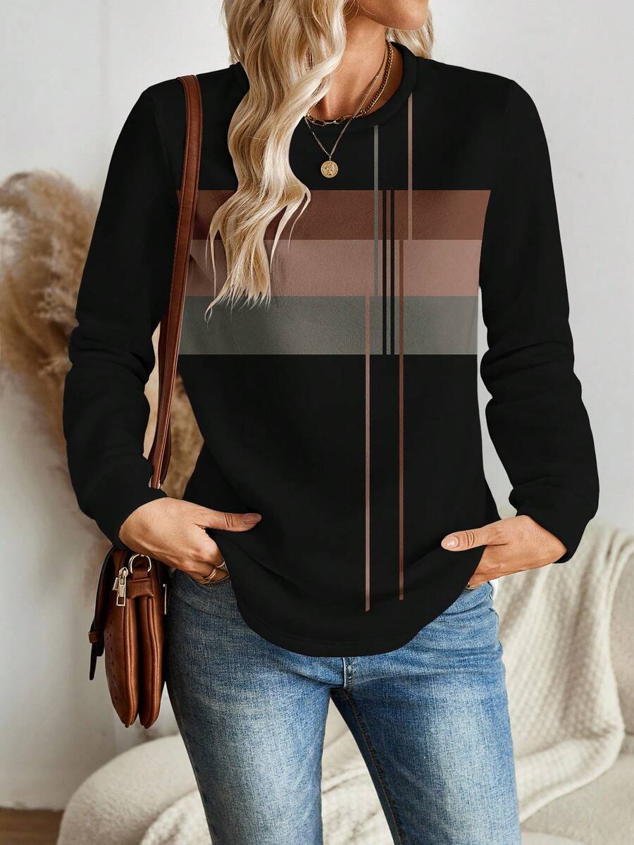 Áo sweatshirt dài tay cổ tròn kẻ sọc màu nâu dáng rộng thoải mái dành cho nữ, thích hợp cho mùa thu/đông. - Nhiều màu - Xem 1