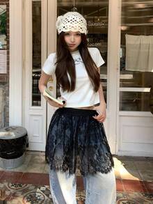 FRIFUL Women's Elastic Waist Floral Lace Fashionable Versatile Skirt - Black - View 5