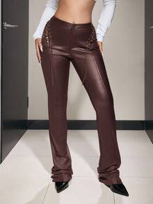 Jeanoix Women's Vintage Eyelet Lace-Up Long Pants - Brown - View 5