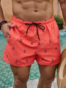CoralVoy Plus Size Men's Anchor Print Drawstring Waist Casual Beach Shorts, Summer - Red - View 5