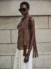 Lumivelle 春夏新款雪纺波点图案修身优雅流苏围巾披肩露背A字吊带背心，优雅性感通勤奢华浪漫简约无袖女式吊带背心 - 咖啡棕 - 查看 4