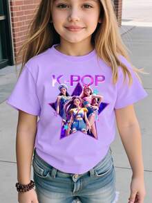 Young Girls' Minimalist Printed Round Neck Basic Short Sleeve T-Shirt - Purple - View 1