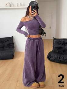 Coolane Spring Clothes Women Daily Wear Essentials Knit Stretchy Comfy Asymmetrical Purple Neck Long Sleeve Tops And Wide Leg Sweatpants Tracksuit Two Pieces Outfits - Purple - View 2