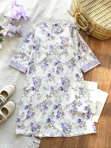 SHEIN Vintaside Kids Girls Yellow Ditsy Floral Long Sleeve Dress, Fashionable Ruffle Design Casual Wear - Purple - View 3
