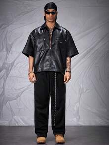 AXEPEAK Men's Loose Fit PU Leather Front Zip Short Sleeve Shirt, Streetwear Inspired - Black - View 6