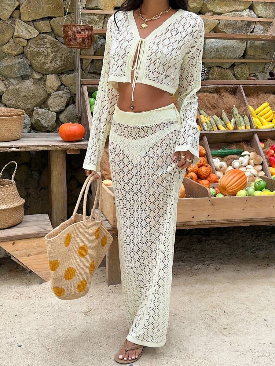 Sunnyshic Women's Sexy Hollow Floral Pattern Long Sleeve Cardigan And Hollow Maxi Skirt Knit Sweater 2-Piece Set, Spring/Summer - Yellow - View 1