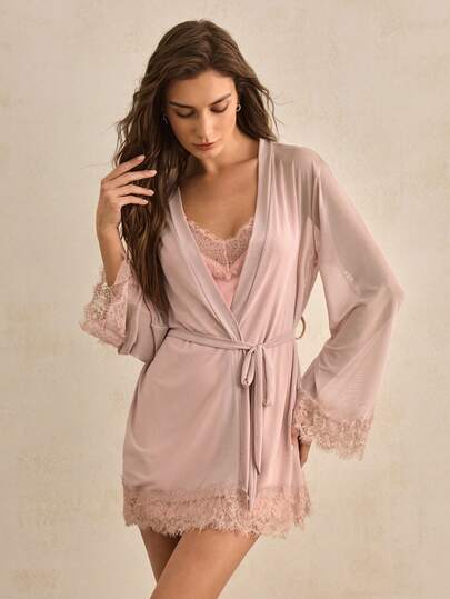 Charlaine Women's Solid Color Lace Patchwork Camisole Nightgown & Robe Sexy Lingerie Set