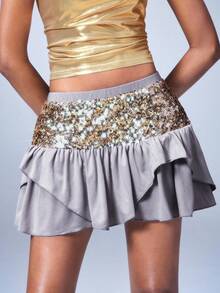 Y2Kool Women's Sequin Pleated Sexy Mini Skirt, Suitable For Party, Evening, Y2K Streetwear, Spring/Summer - Grey - View 3